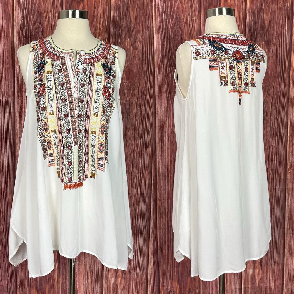 John Mark Embroidered Tunic Top Sleeveless‎ White Womens Size XS